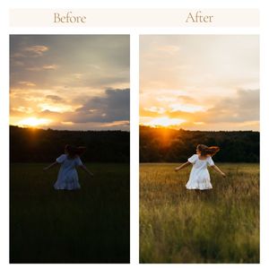 Before and after photo showing enhanced golden hour lighting in a field with a twirling dress silhouette.