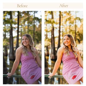 Before and after photo edit showing enhanced lighting and color in an outdoor pink dress portrait.