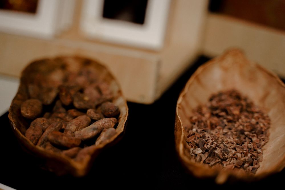 Close-up of crushed cocoa beans in wooden bowls with shallow depth of field.