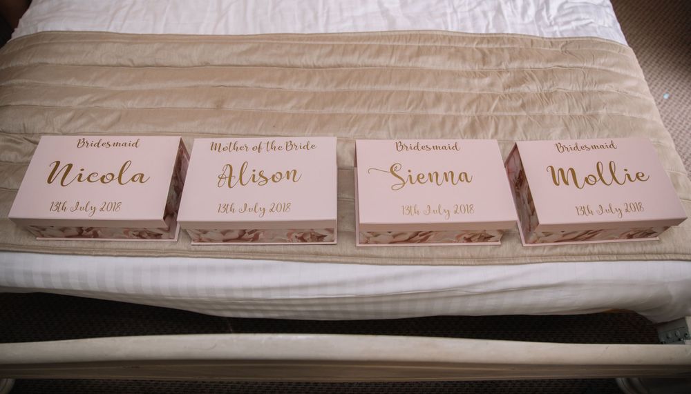Four personalized name cards laid out on white linen with elegant script lettering.