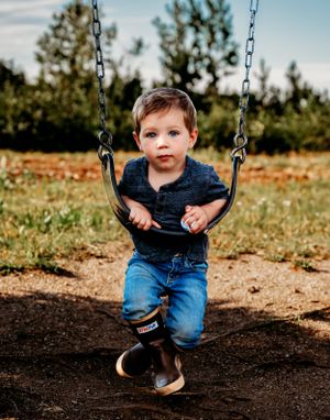 A young one enjoying a swing set against a backdrop of pine trees.