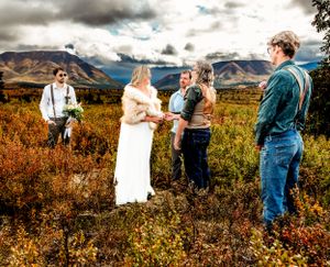 Small intimate wedding gathering in an Alaskan meadow with mountains in the distance.