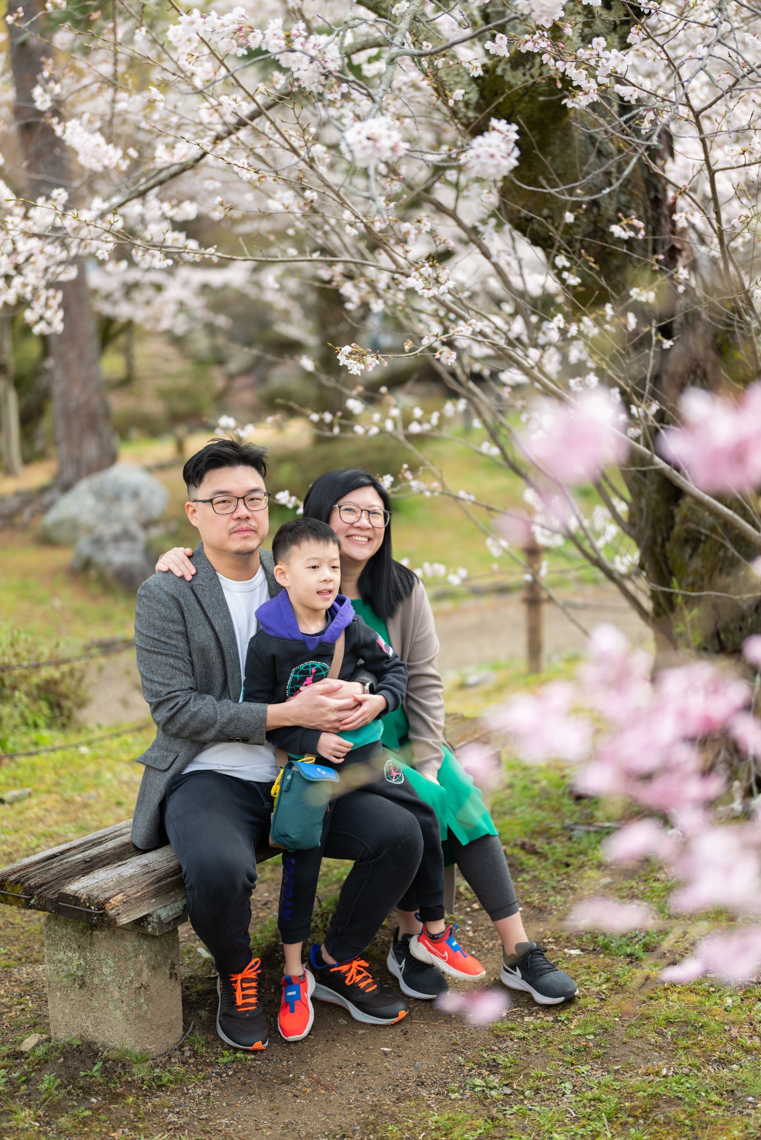 Asian family of three sitting together on bench surrounded by blooming cherry blossoms.