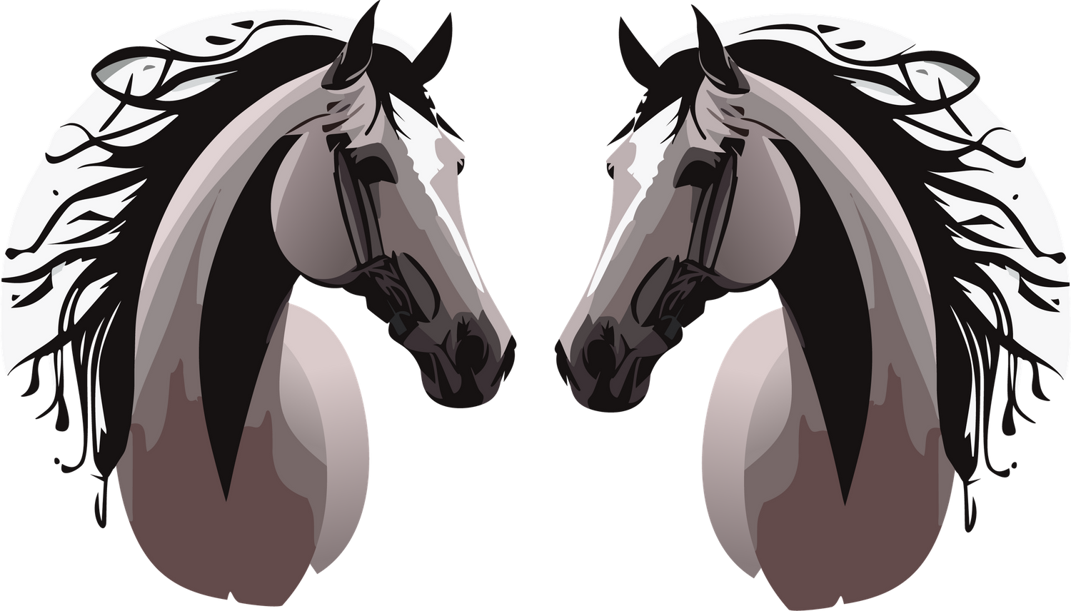 Mirror image of two stylized horse heads in black and white graphic design.