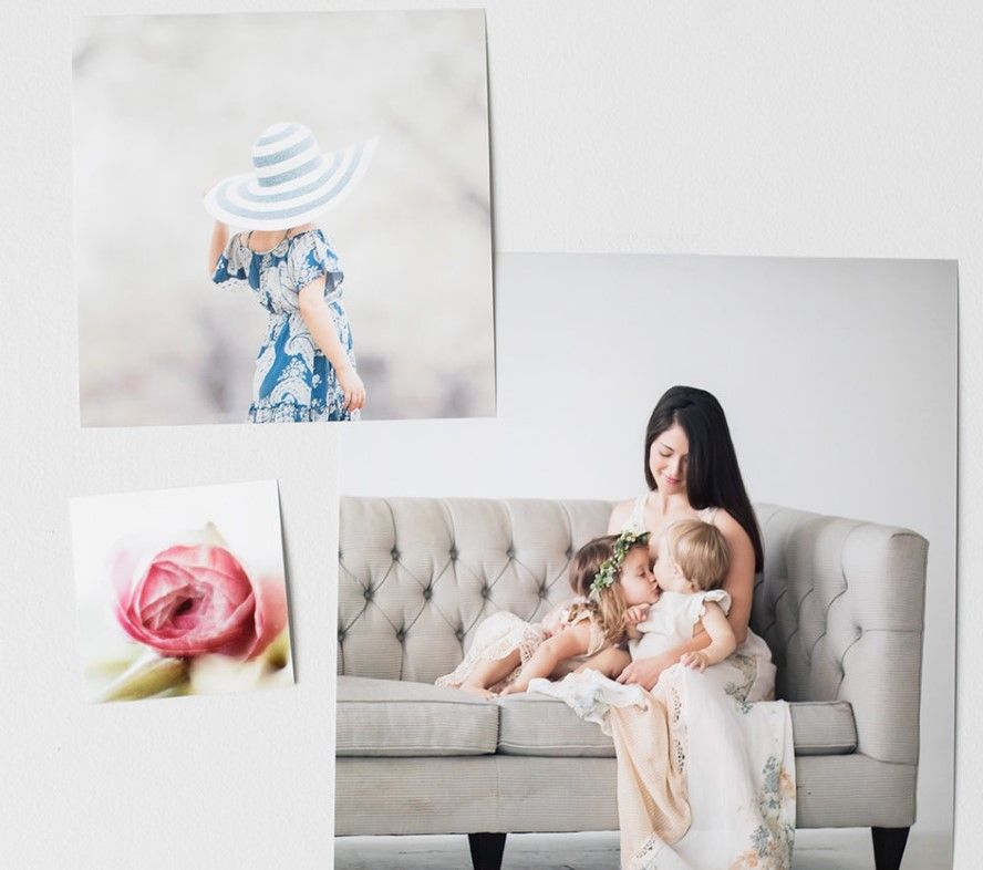 Collage of artistic photos including woman on couch, pink flower, and blue figure with hat.