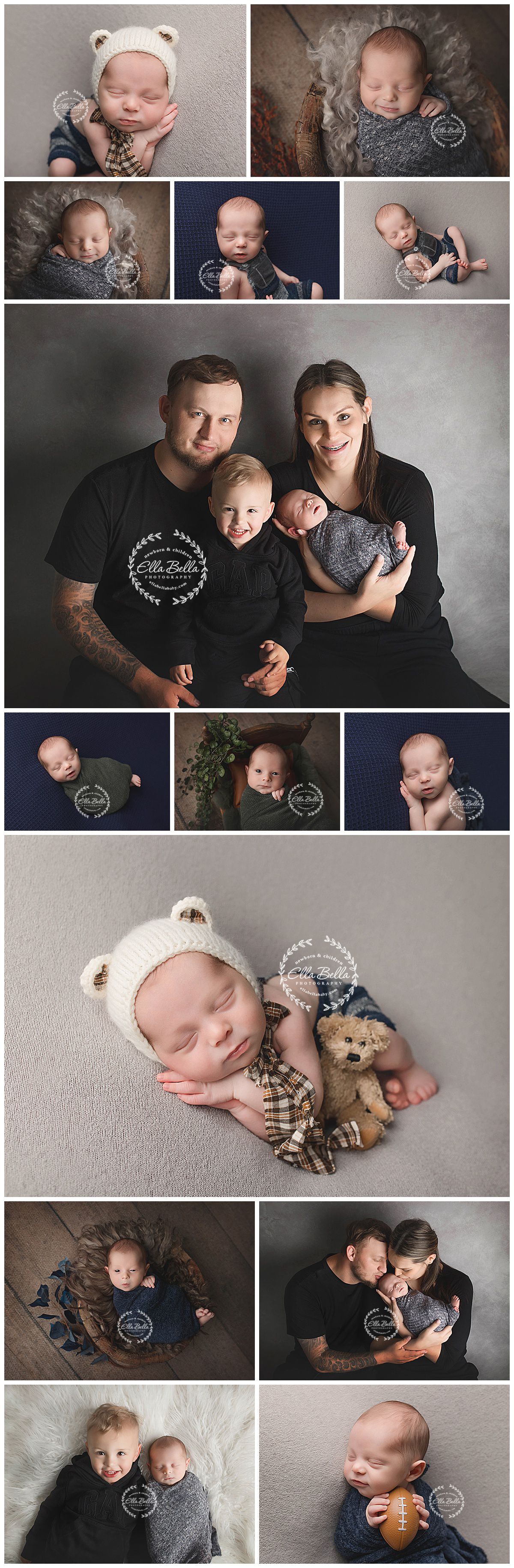 Professional newborn and family photo collage with grey and neutral tones.