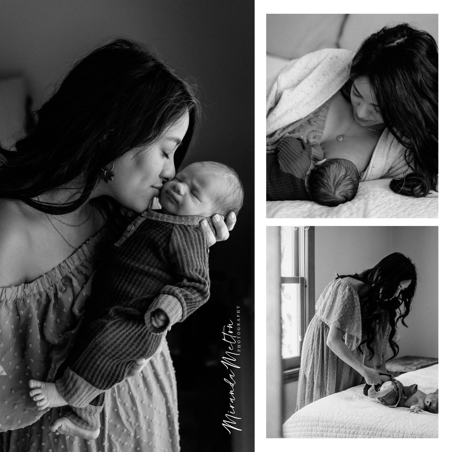 A black-and-white collage of three in-home lifestyle newborn photos taken by Miranda Melton Photography