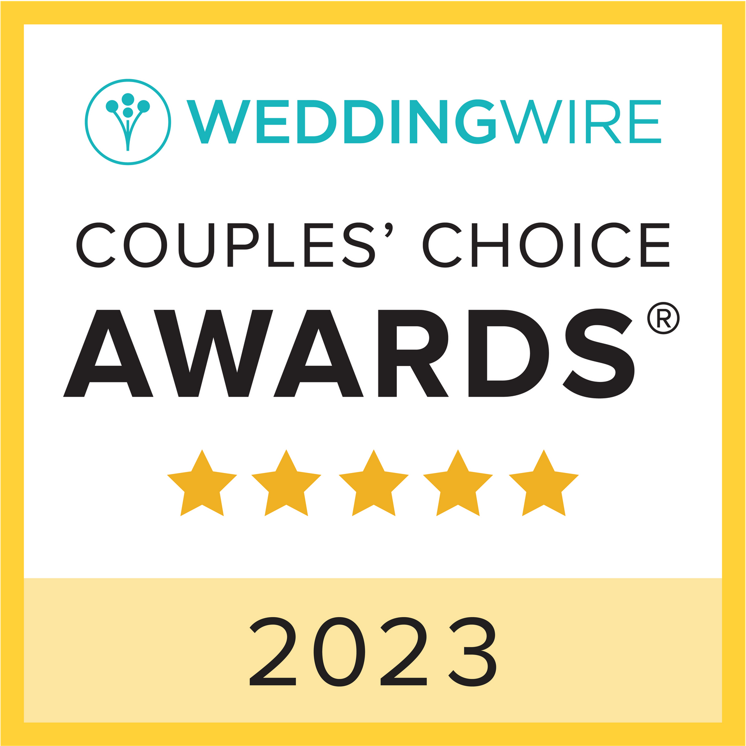 WeddingWire Couples Choice Awards 2023 badge with five star rating.