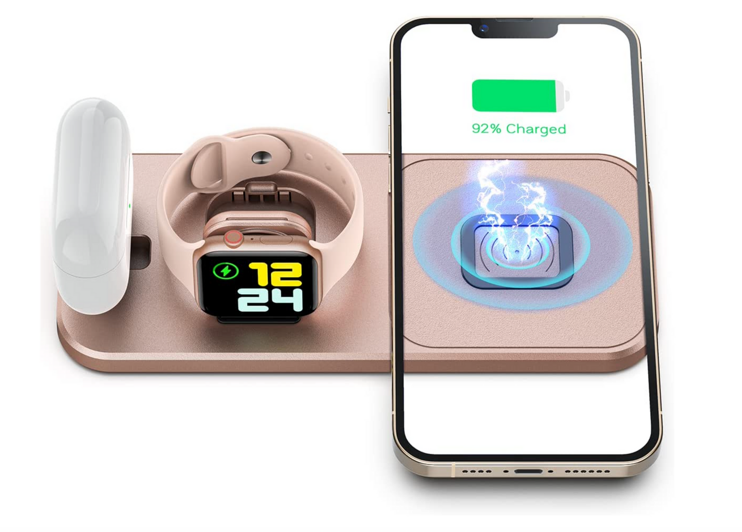 Modern wireless charging station with integrated smartwatch and phone charging capabilities in rose gold color.