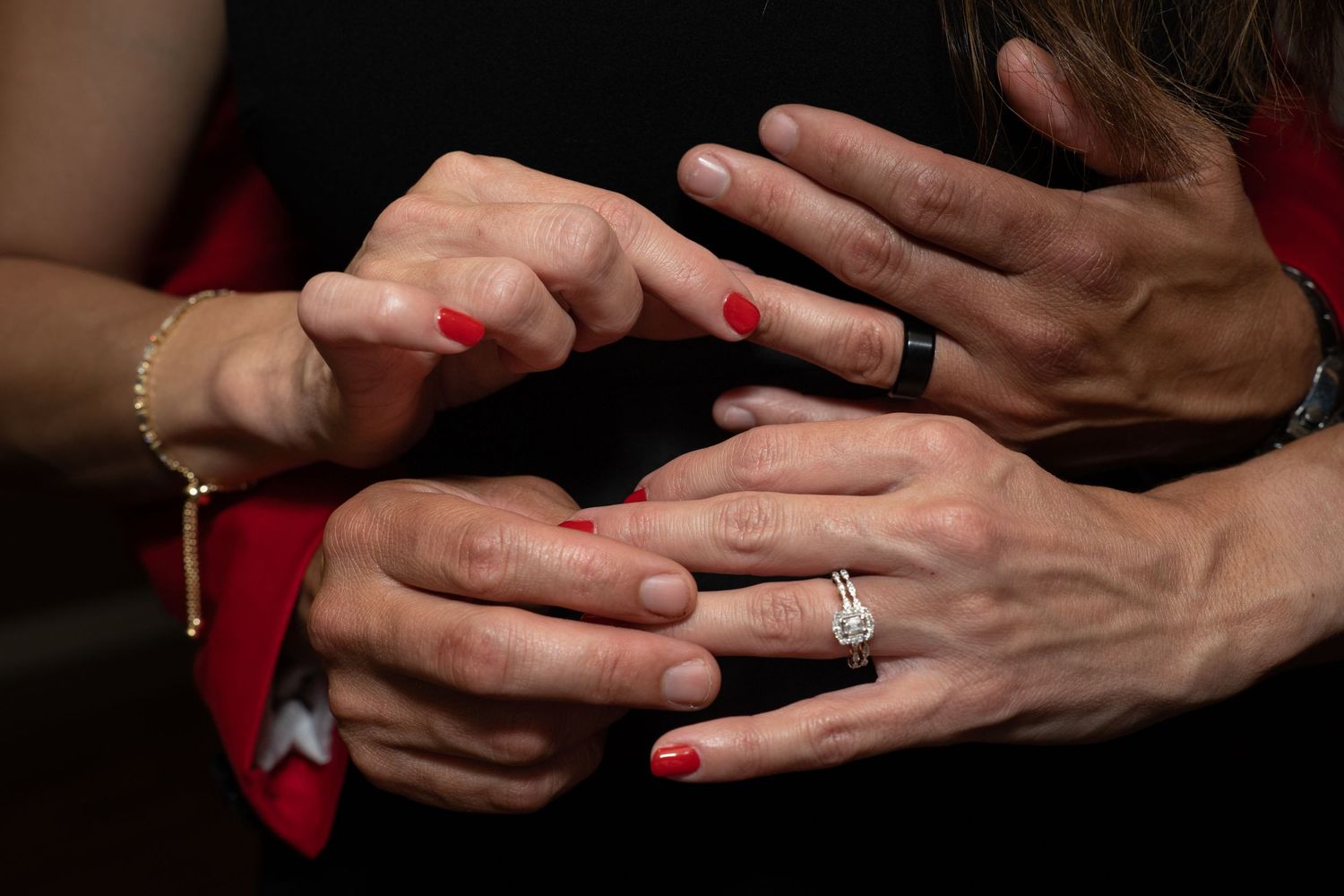Close-up sequence of hands showing engagement ring proposal moment.