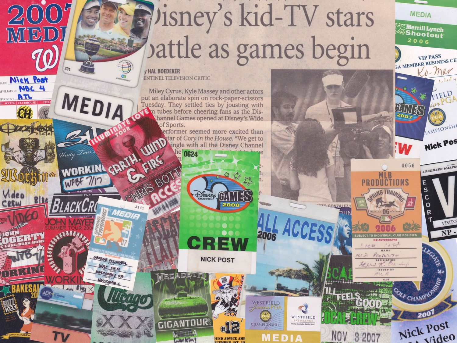 A collage of media passes, credentials, and Disney TV show promotional materials.