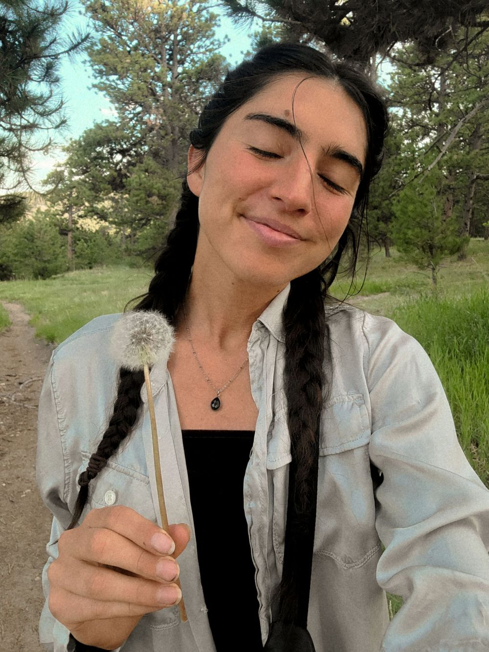 Person holding a dandelion in a white jacket against a backdrop of evergreen trees.