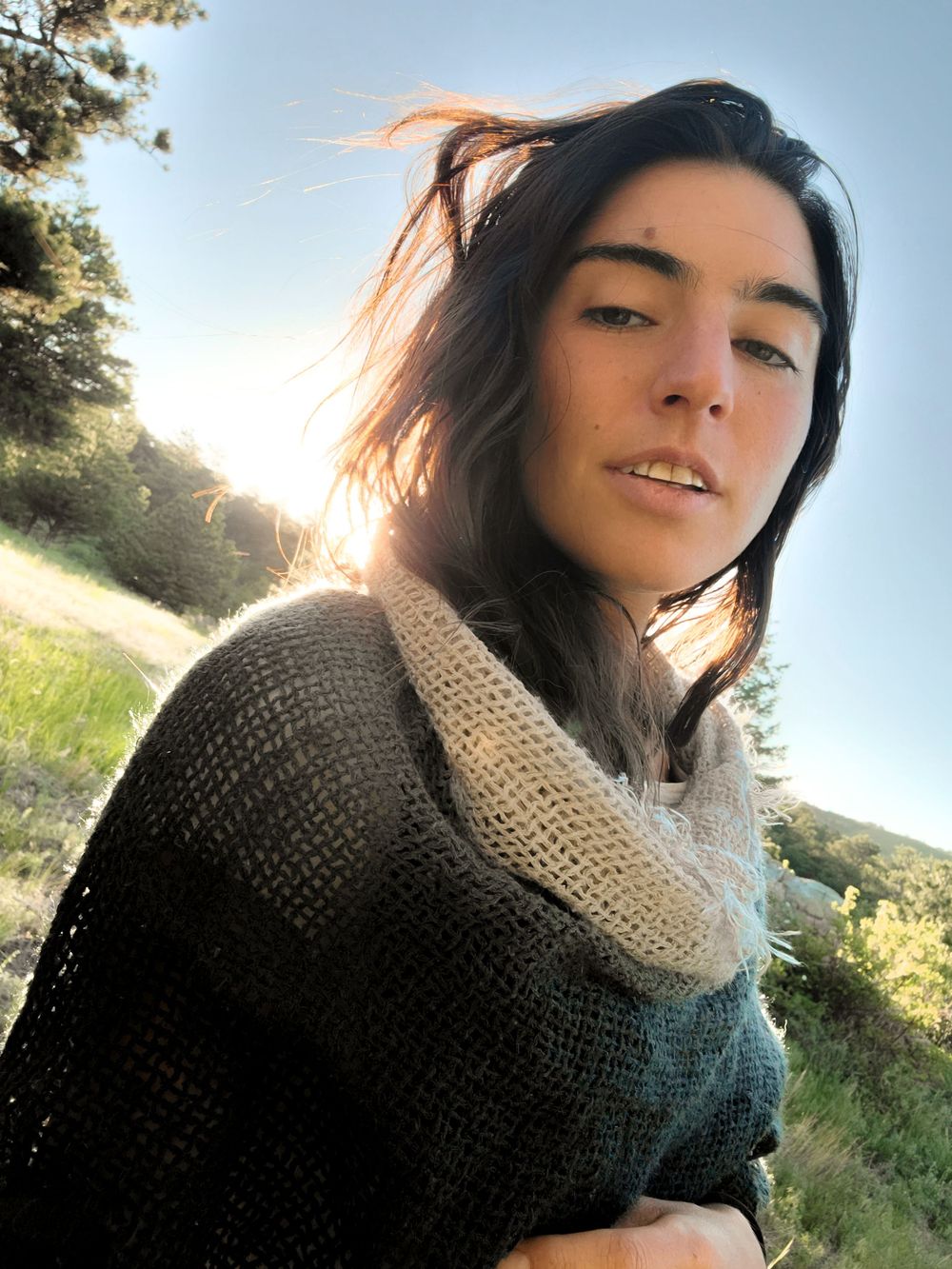 Portrait with sunlit background showing person wearing knit sweater in natural setting.