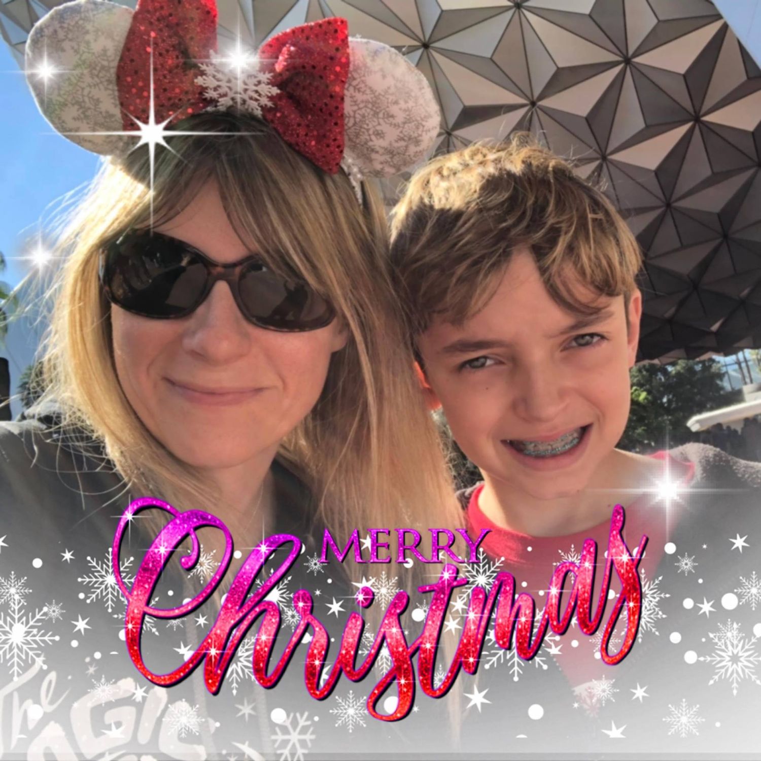 Holiday photo at Disney's Epcot with the signature geodesic sphere and festive Christmas overlay.