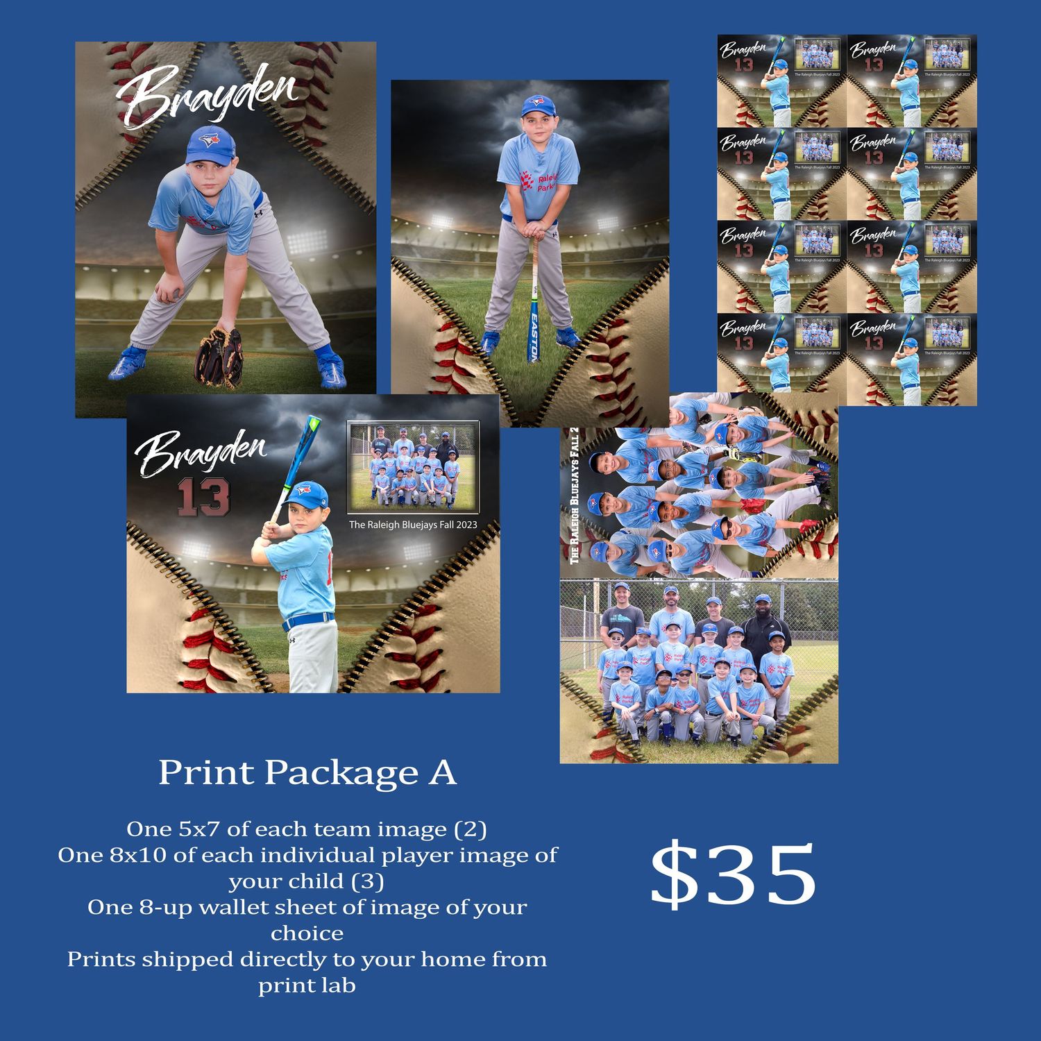 Baseball photo print package showcasing team and individual poses against baseball design background.