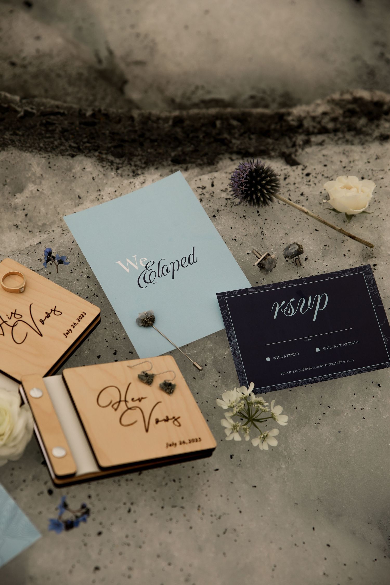 Flatlay details for an elopement at a glacier near Anchorage, Alaska