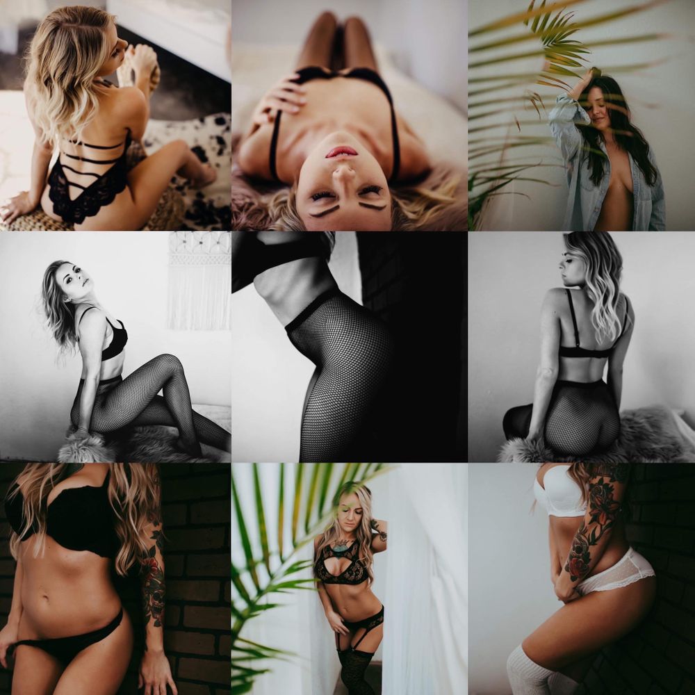 Collection of intimate boudoir photographs showcasing different poses and lighting techniques.