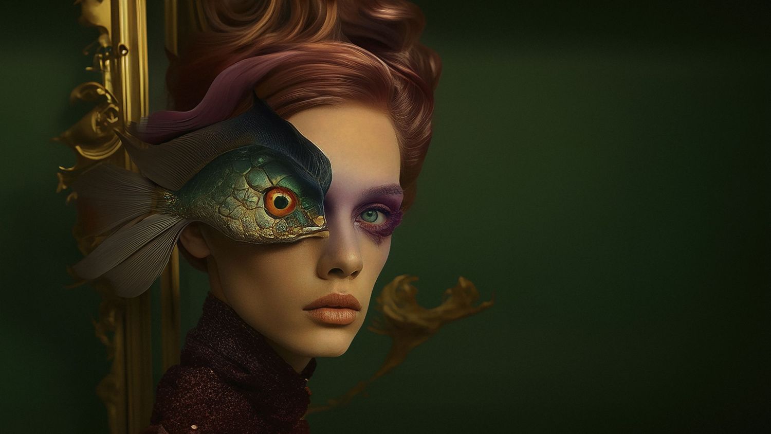 Fantasy-inspired portrait with ornate fish-scale details and dramatic side lighting.