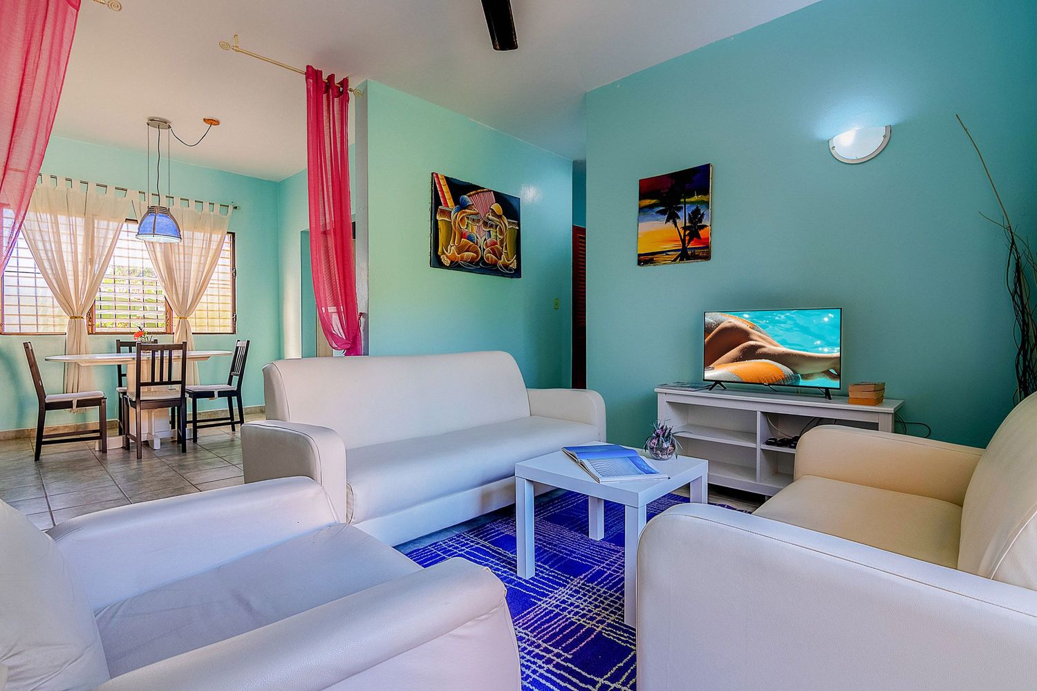 View to the dining and kitchen from Living Room of a 2 bedroom apartment in the best cheap hotel in sosua, girl friendly