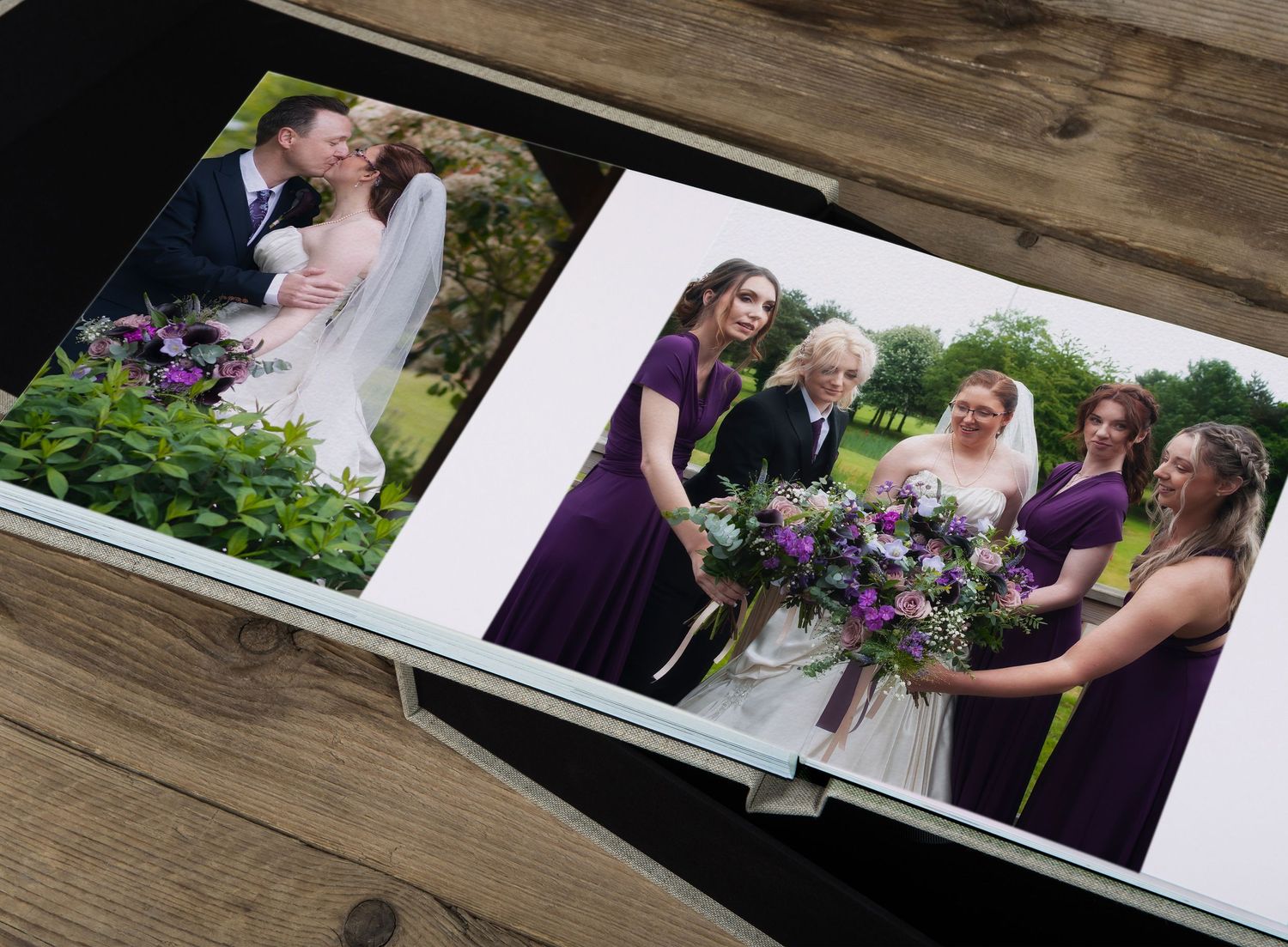 Wedding album spread showing floral bouquets and purple bridesmaid dresses in outdoor ceremony photos.