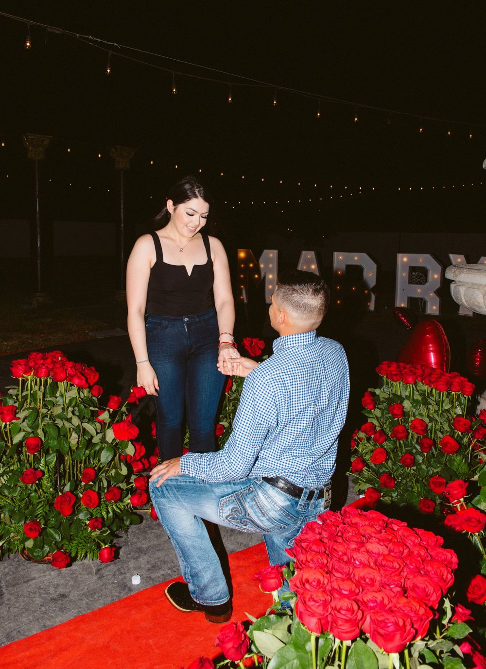 Romantic proposal moment among red roses and string lights at night.