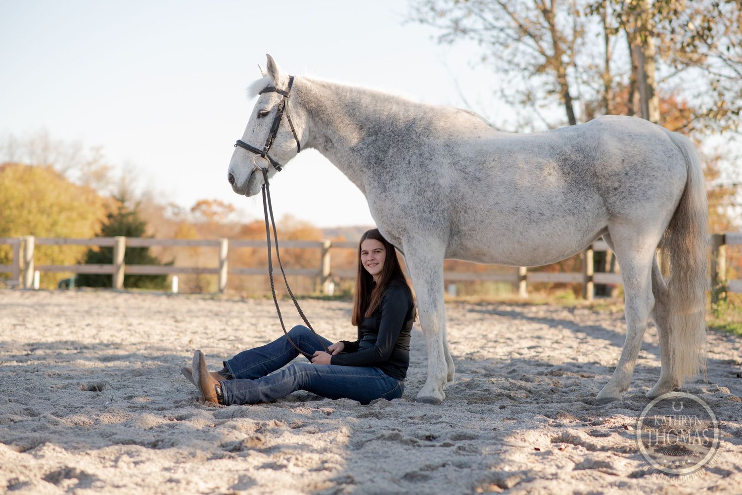 A relaxed portrait with a gray horse standing over a seated companion in an autumn setting.