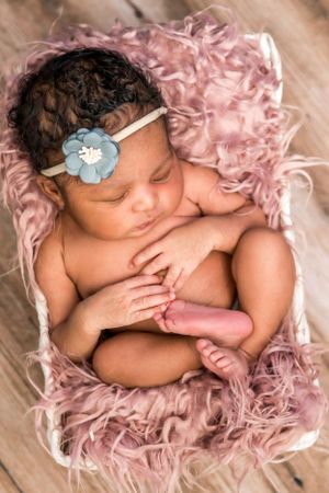 Newborn girl photo in basket with pink. Annapolis newborn photographer