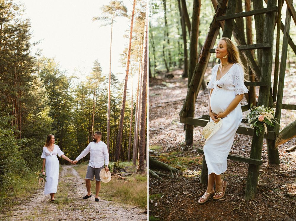 Couple holding hands in forest, pregnant woman in white dress with bouquet.