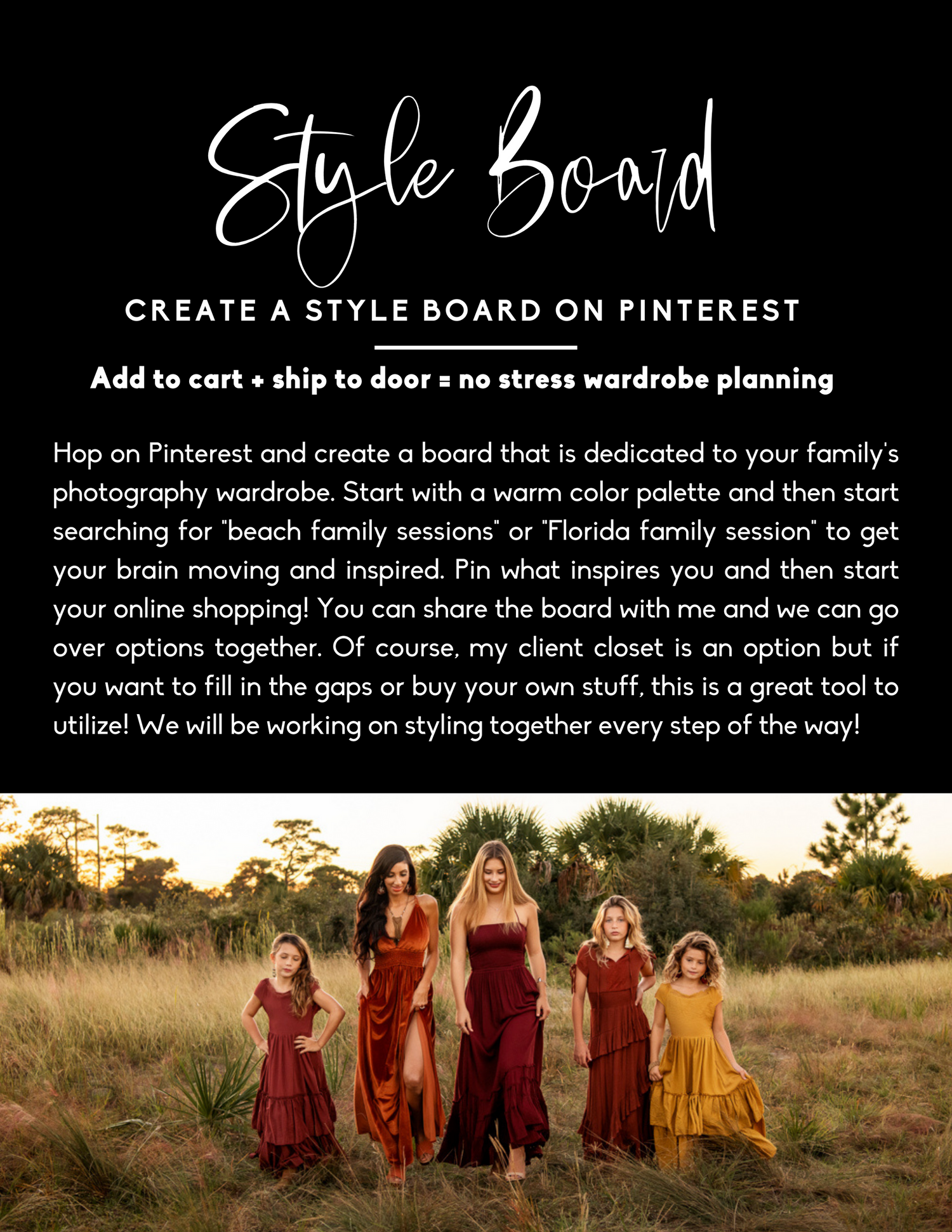 Pinterest style board guide for family photography wardrobe planning with warm color palette inspiration.