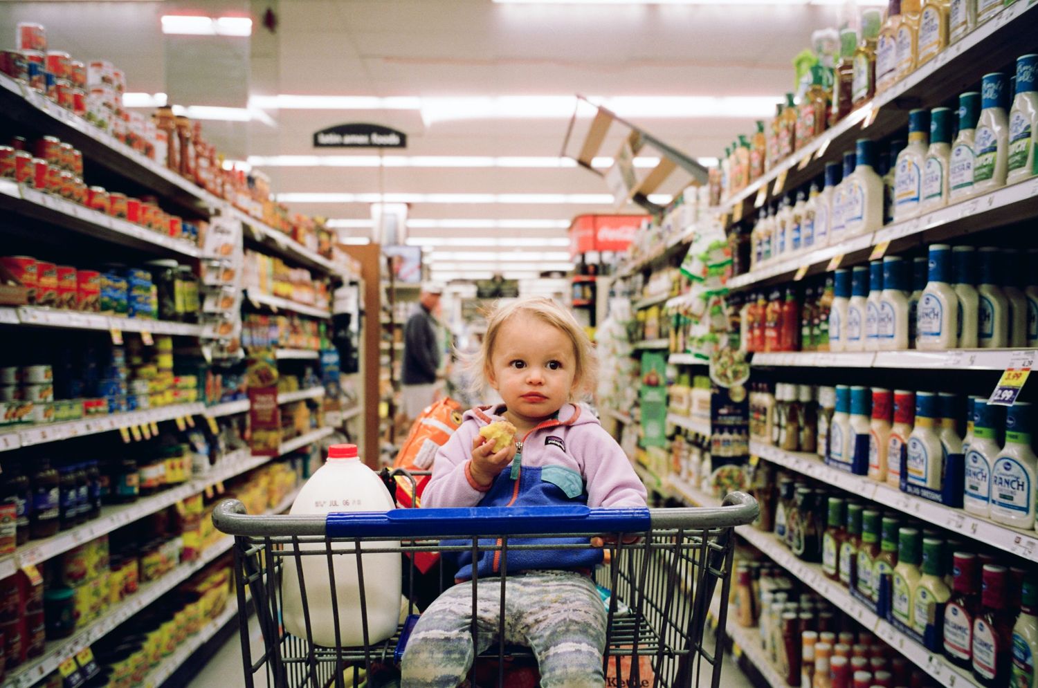 Small child sits in shopping cart while grocery shopping in store aisle filled with products.