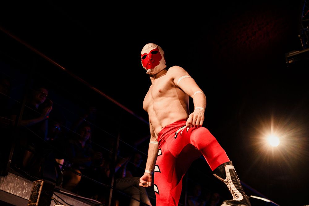 A wrestler in red pants and mask stands dramatically in the ring under spotlights.