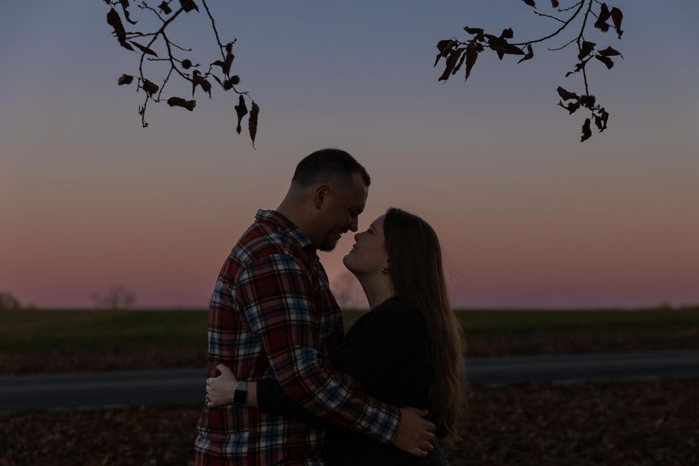 A romantic silhouette of a couple at sunset with tree branches framing the dusky pink sky.