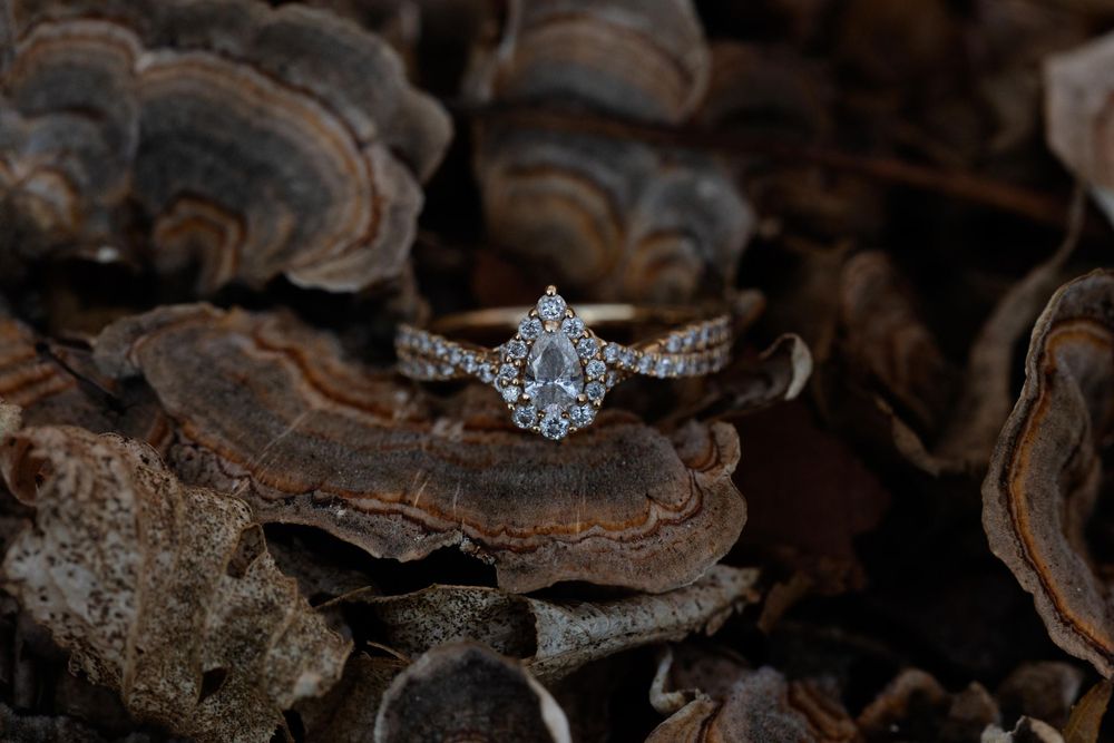 A sparkling diamond engagement ring with twisted band photographed on rustic wooden surface.