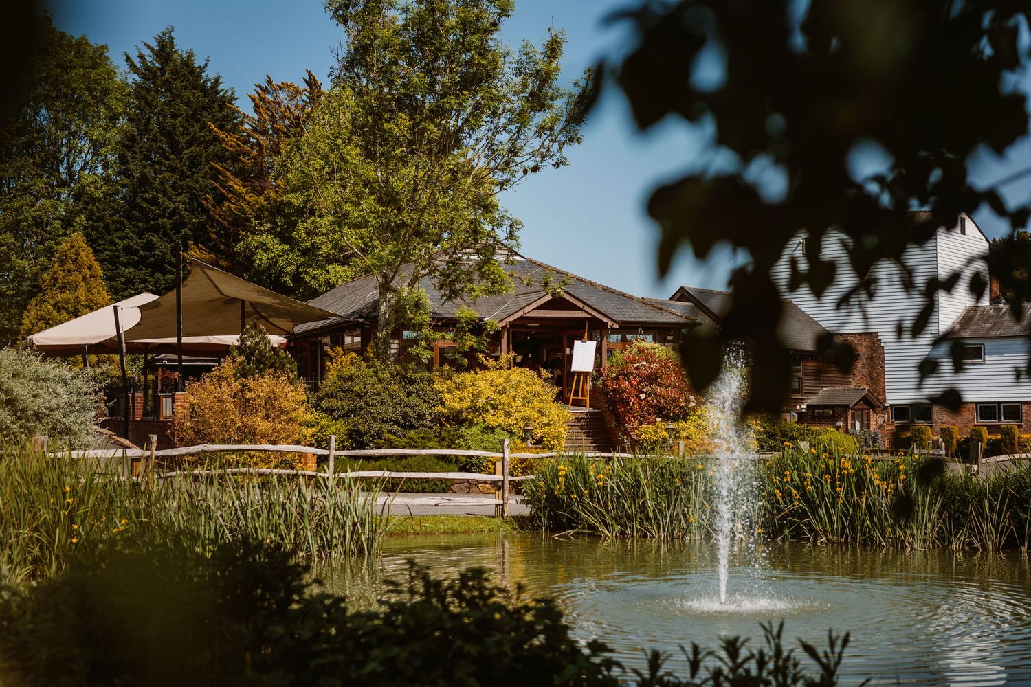 A rustic house with a fountain pond in the garden surrounded by autumn foliage and evergreen trees.