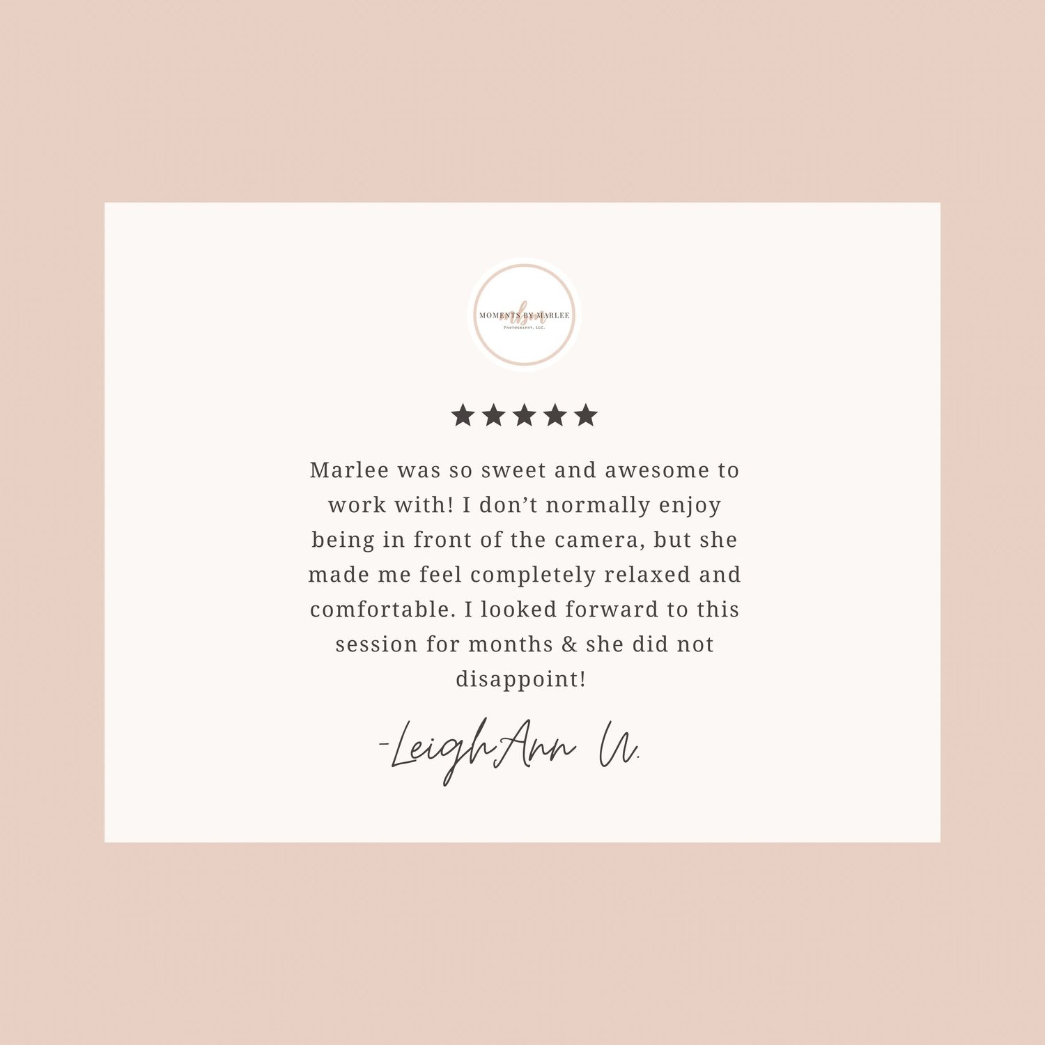Customer review card with five stars and testimonial text on blush pink background.