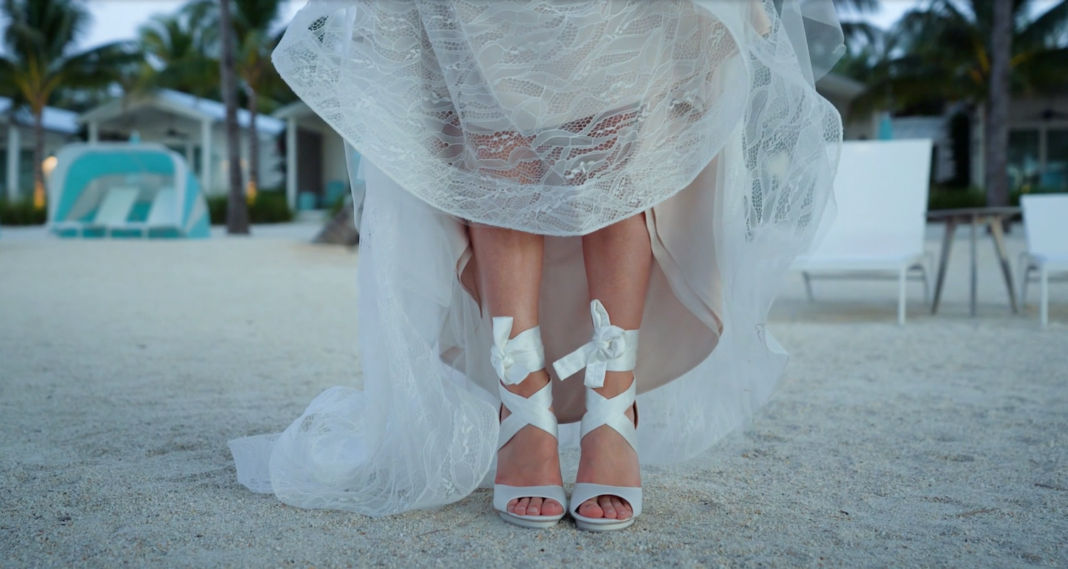 A close-up sequence of sandy feet in sparkly sandals walking on a beach with palm trees in the background.