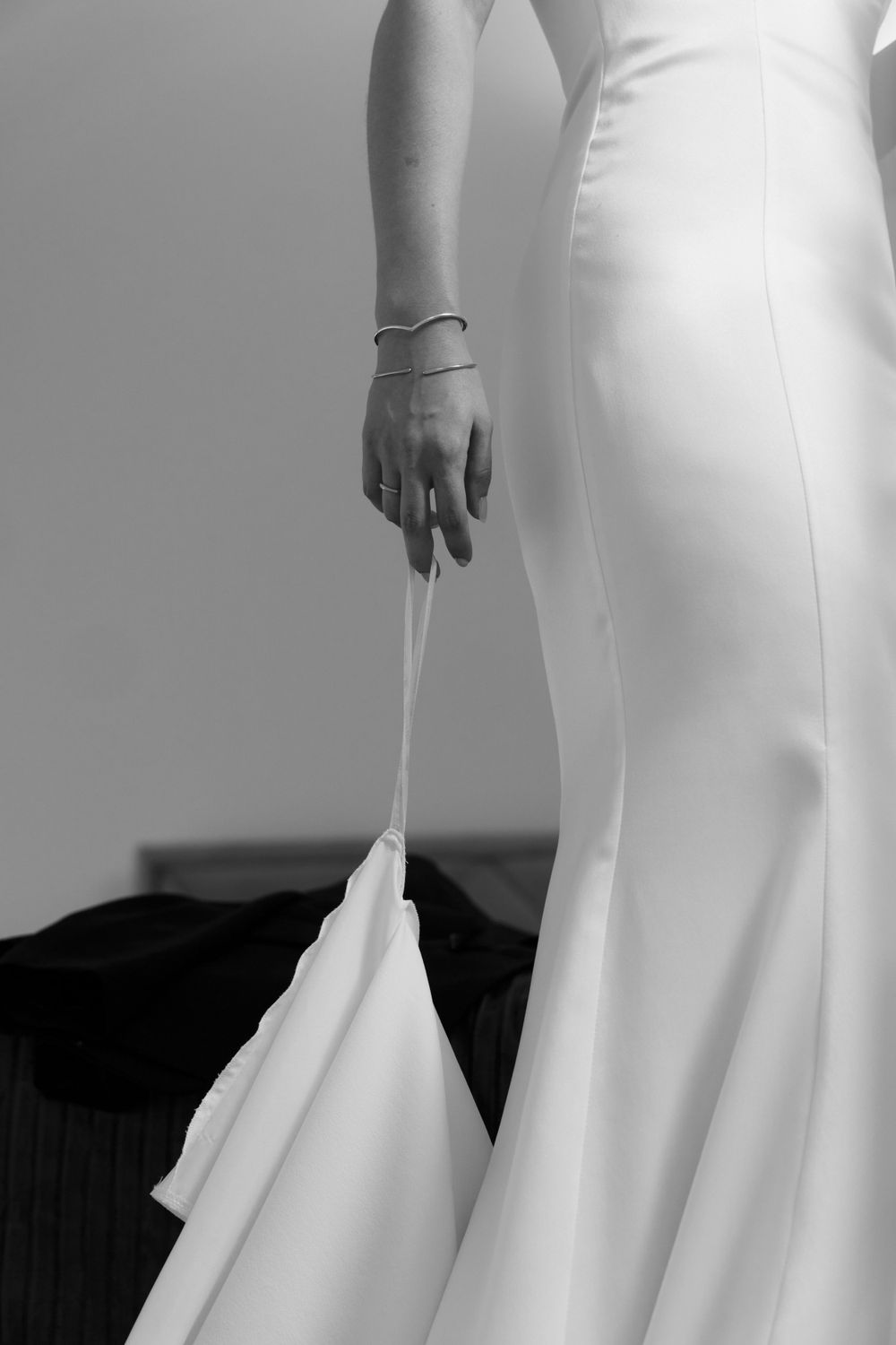 A woman in a bride's dress.