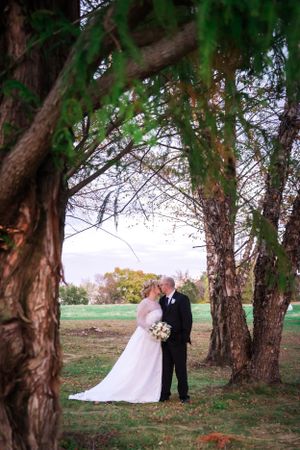 Wedding couple sharing a moment among tall trees in a rural setting.