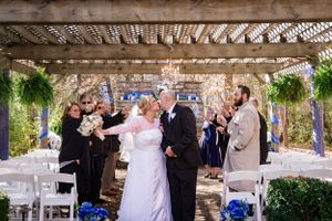Wedding ceremony celebration under a decorated pergola with guests cheering.
