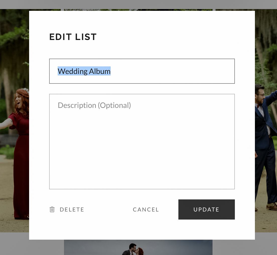 A dialog box showing an edit list interface with 'Wedding Album' text input field and update/cancel buttons.