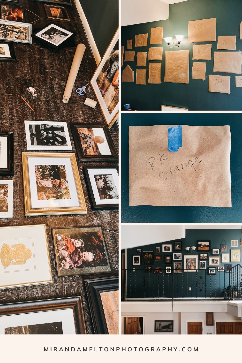 Collage of 4 photos showing different steps in the process for how to hang a gallery wall at home for professional family photos
