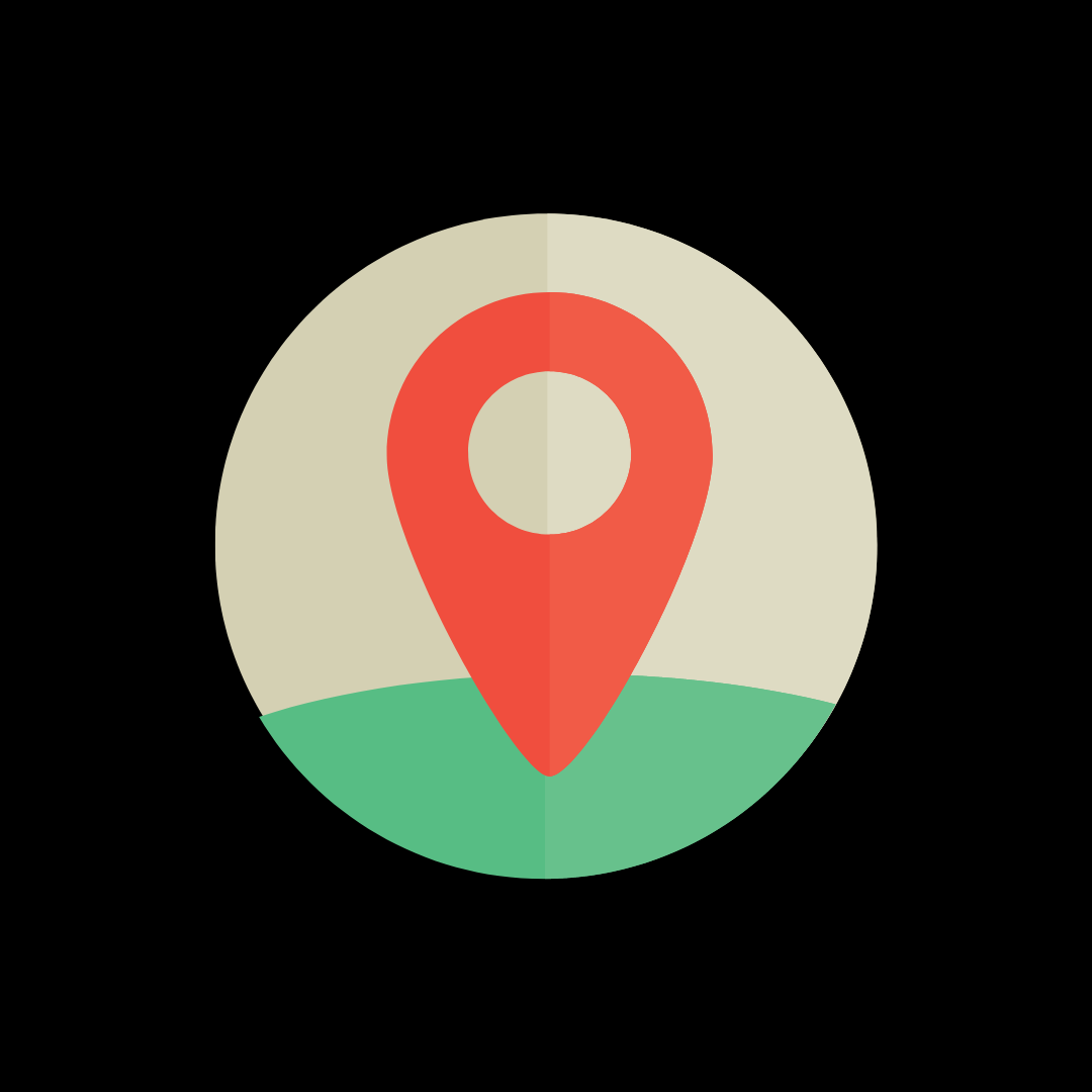Red location pin marker icon on beige and green circular background.