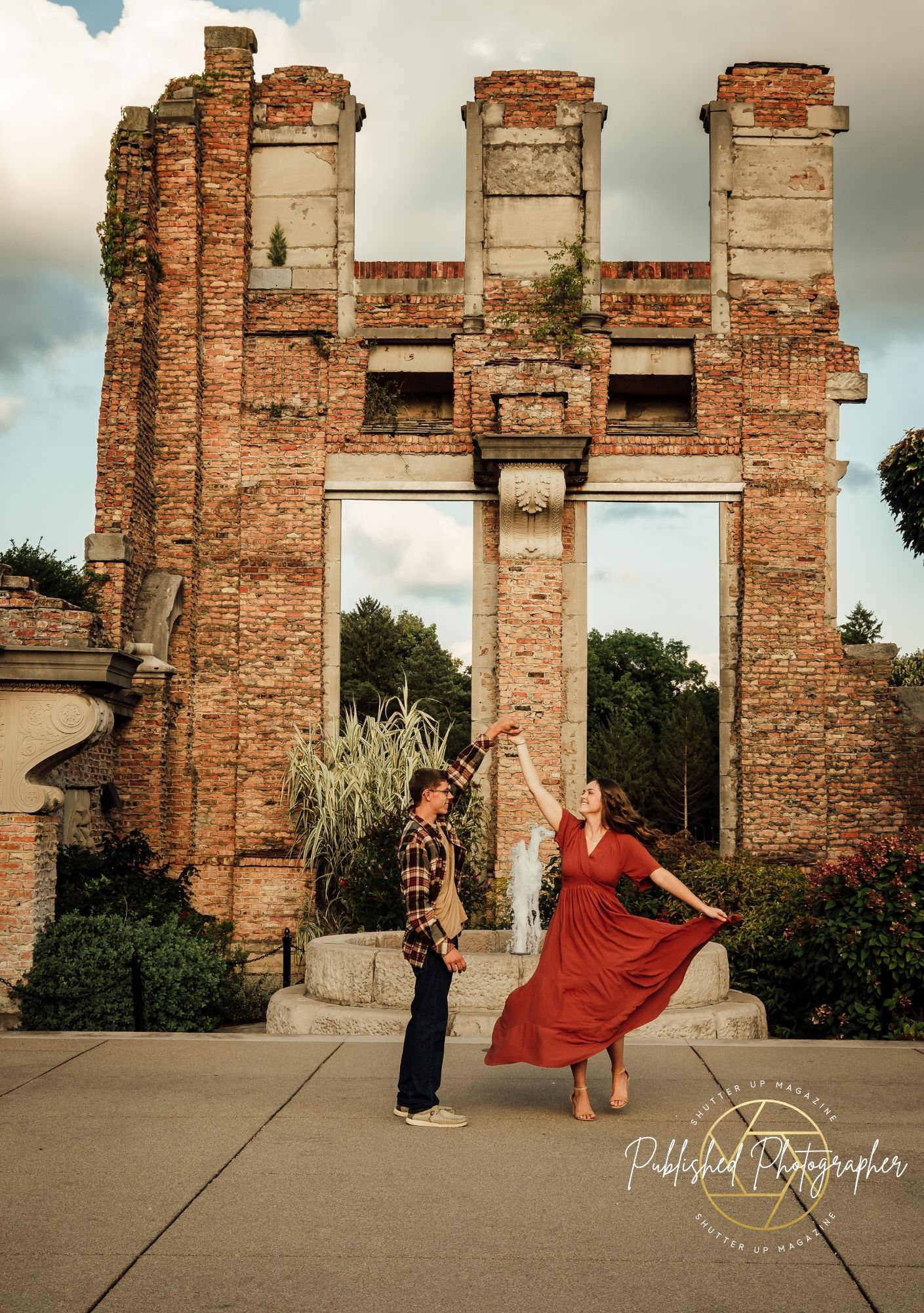 Couple dancing in front of the Holliday Park Ruins in Indianapolis, Indiana.