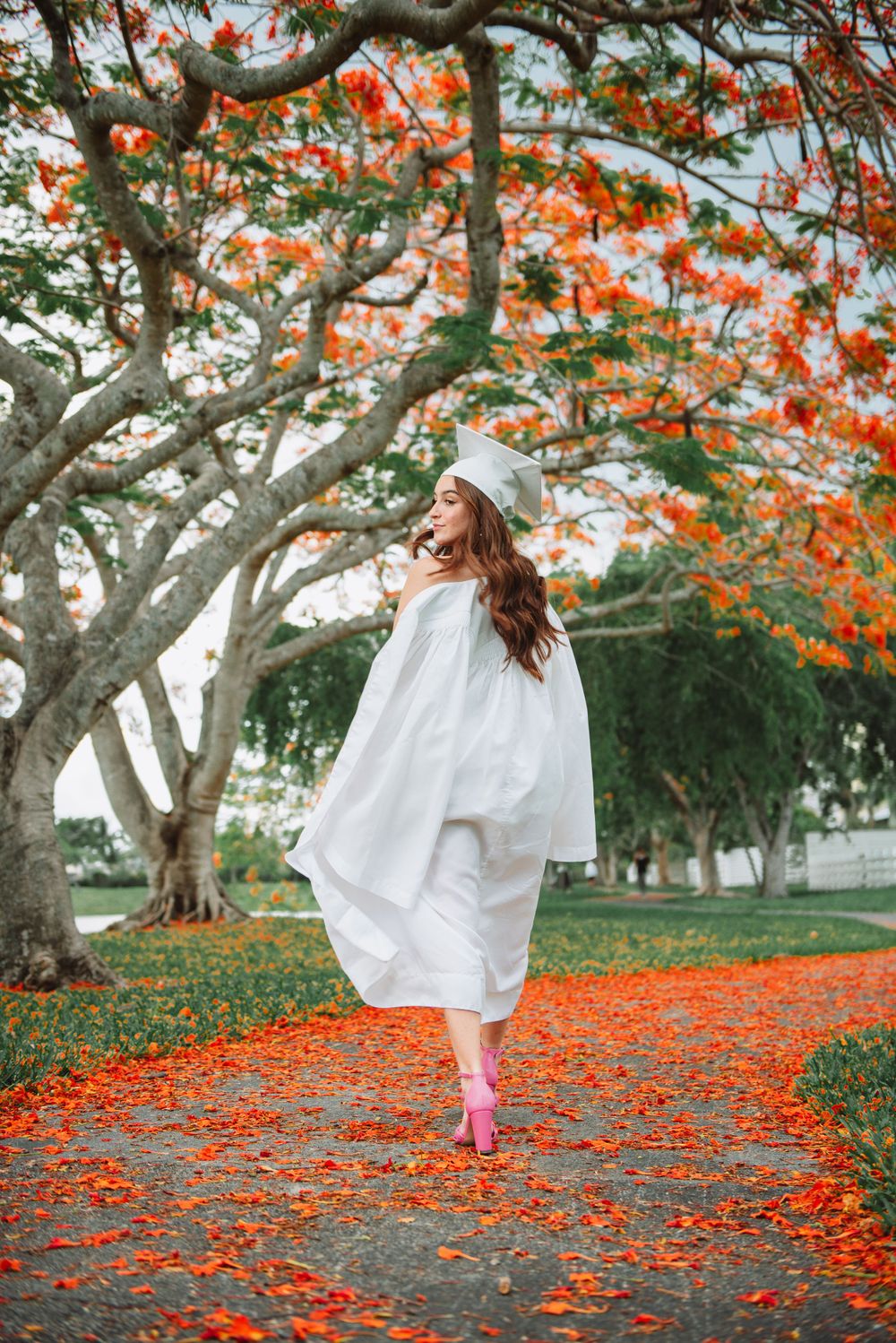 Graduate twirls under vibrant orange flowering trees on a garden path covered in fallen petals.