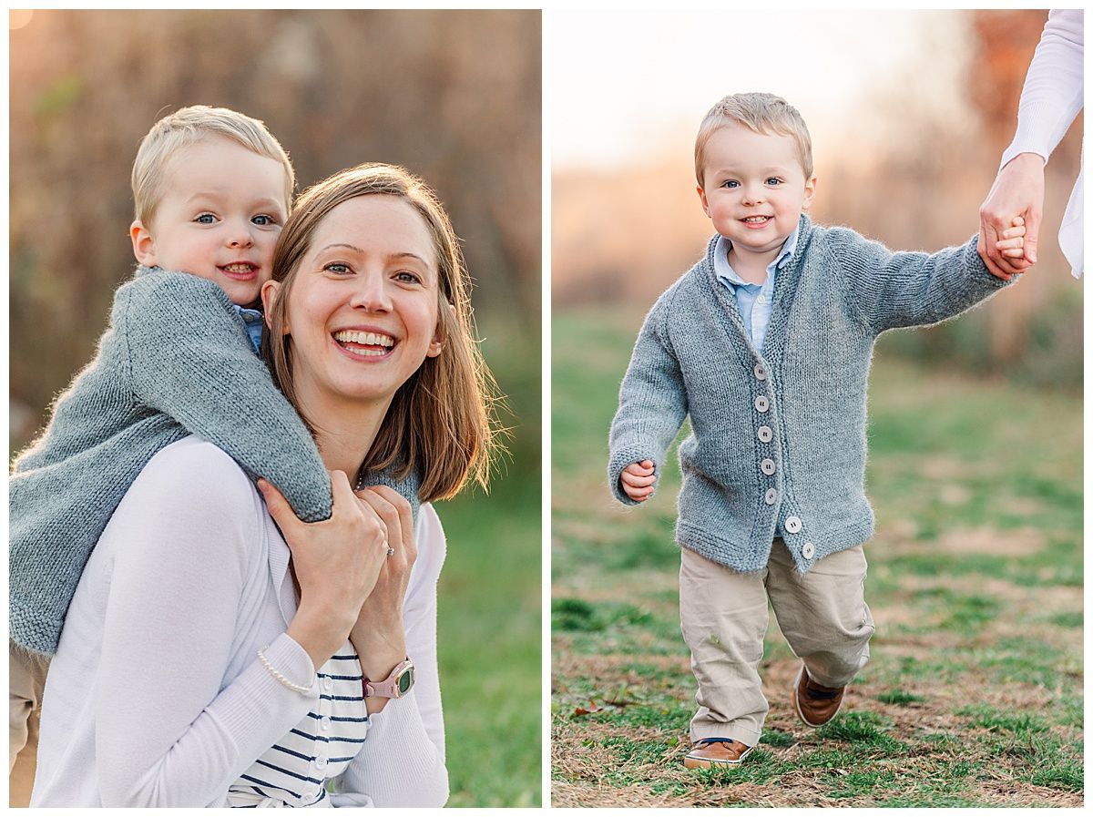 Sweet portraits of a mother and toddler son cuddling, hugging, and holding hands walking during family photo session