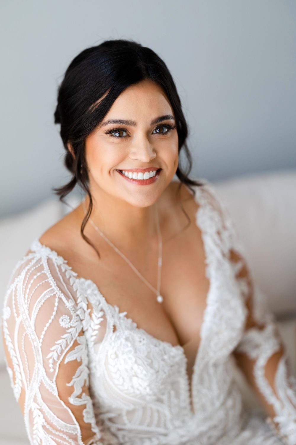 Smiling bride on wedding day at Jorgensen Farms in Westerville, Ohio.