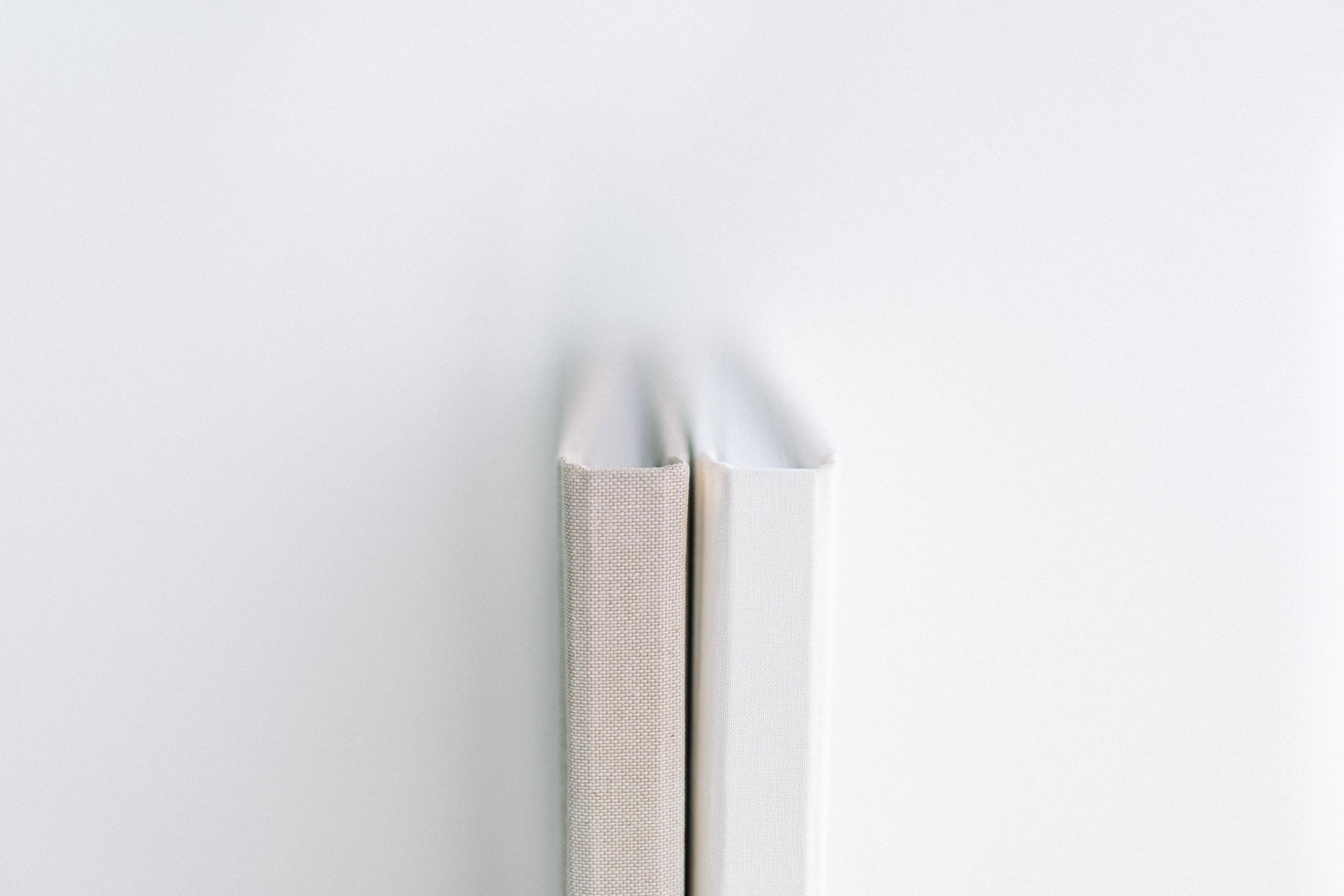 Close-up of two white books or albums meeting at their spines.