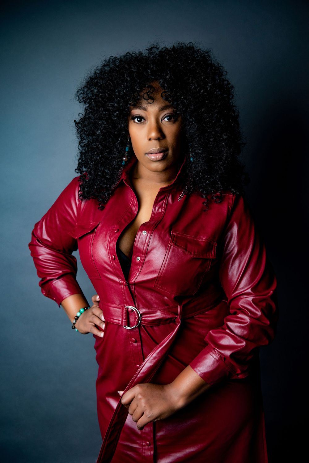 Red leather studio portrait