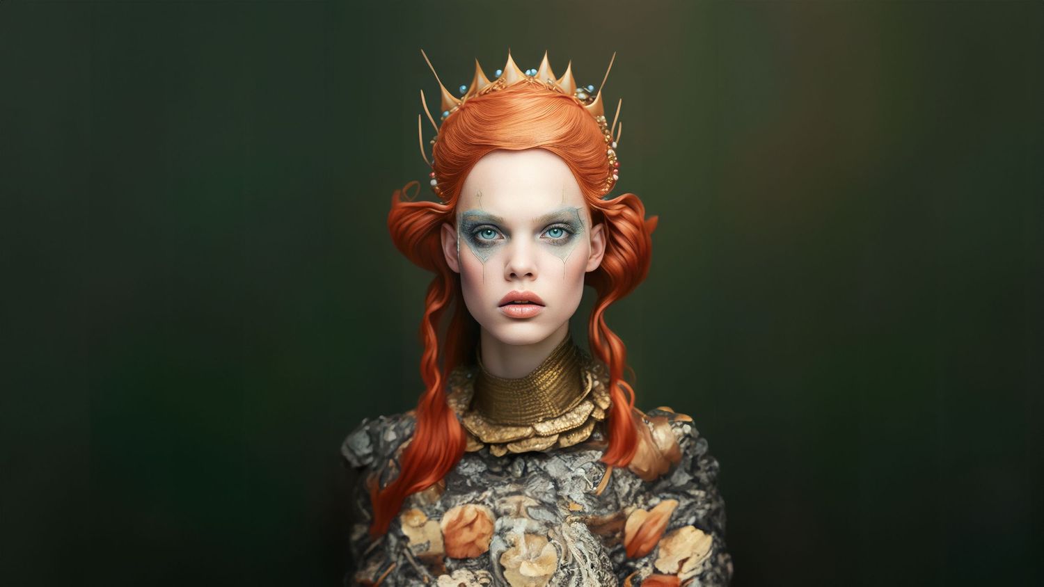 Fantasy portrait with red hair, golden crown and ornate costume details against dark background.