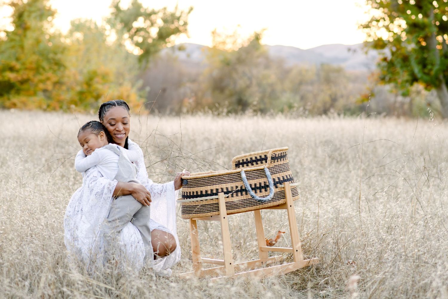 A peaceful scene in a meadow with a wooden bench and warm evening light filtering through trees.
